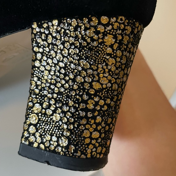 Black Suede High Shoes with Gold Heel Detail - Picture 7 of 8